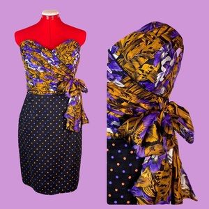 90’s Bustier Silk Cocktail Dress Polka Dot Floral Bow Patricia Rhodes